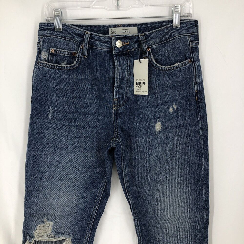 Topshop Moto Hayden Loose Fit Authentic Boyfriend Button Fly Jeans 26 30x25 NWT